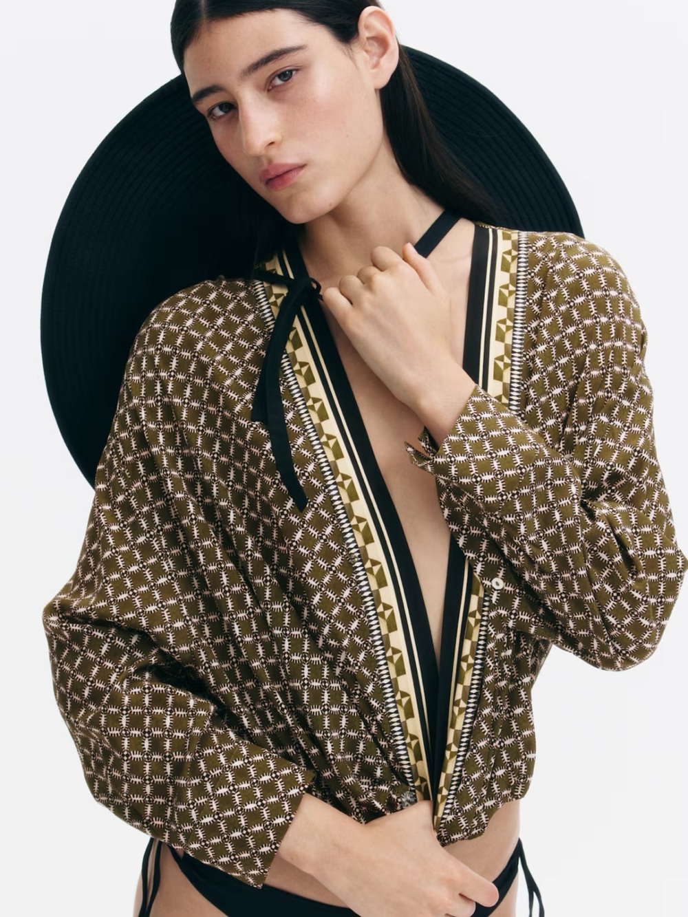 H&M Olive Brown Geometric Wrap-Style Blouse